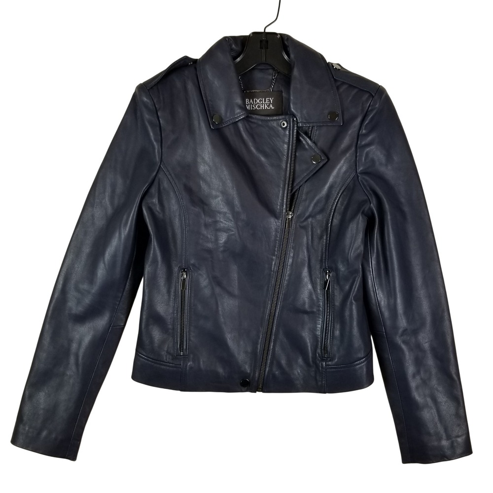 Badgley Mischka Leather‎ Moto Jacket Womens M Navy Blue Asymmetrical Zip Biker